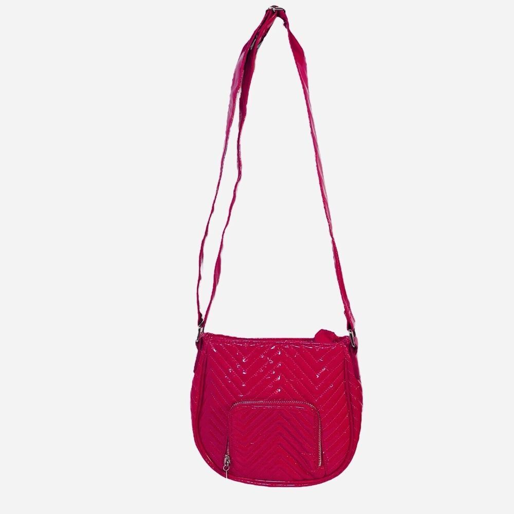 Big‎ Buddha Crossbody Bag Shoulder Tote Bright Pink Faux Patent Leather Chevron - Picture 2 of 16